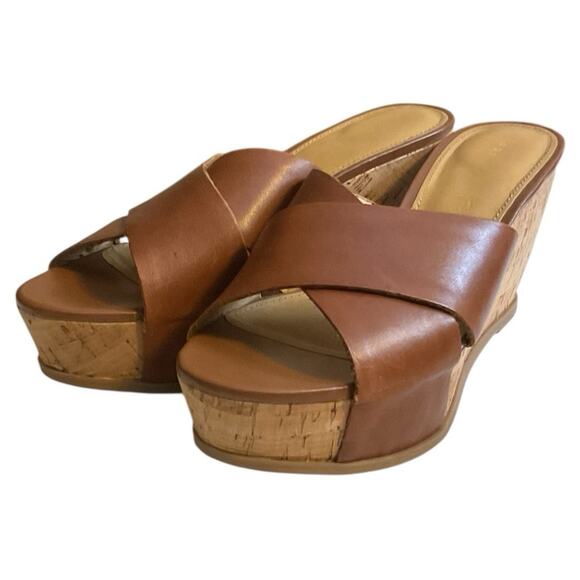 Franco Sarto Frost 2 Platform Wedge Heel Sandals 8M Open Toe Mules Leather Brown - Picture 3 of 11